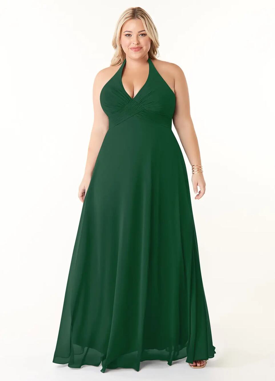 NWT Azazie Tessie A-Line V-Neck Pleated Chiffon Dress Dark Green Womens Size A22